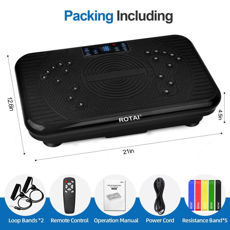 ROTAI Vibration Plate Gym with Bluetooth Audio | 2 Resistance Bands + 5 Exercise Bands | Lymphatic Drainage | 300 Lbs Weight Capacity - Home Fitness Gym Equipment for Full Body Toning