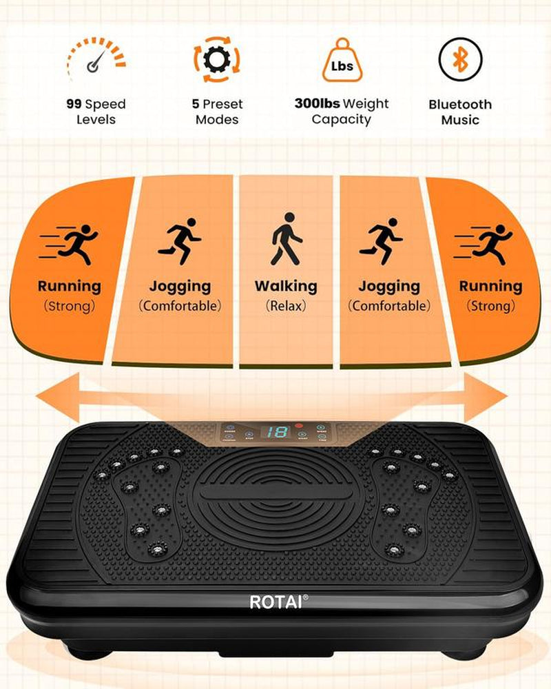 ROTAI Vibration Plate Gym with Bluetooth Audio | 2 Resistance Bands + 5 Exercise Bands | Lymphatic Drainage | 300 Lbs Weight Capacity - Home Fitness Gym Equipment for Full Body Toning