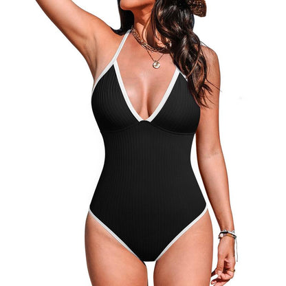 Aprilake Women'S Ribbed One Piece Color Block Adjustable Strap Criss Cross Backless Swimsuit