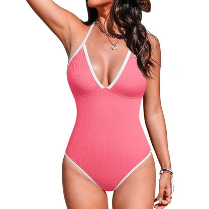 Aprilake Women'S Ribbed One Piece Color Block Adjustable Strap Criss Cross Backless Swimsuit